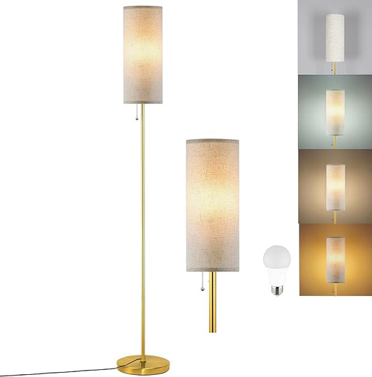 Floor Lamp for Living Room, Modern Standing Lamps with Lampshade, Minimalist Tall Lamp with Chain Switch for Living Room, LED Bulb Included (Beige+Gold)
