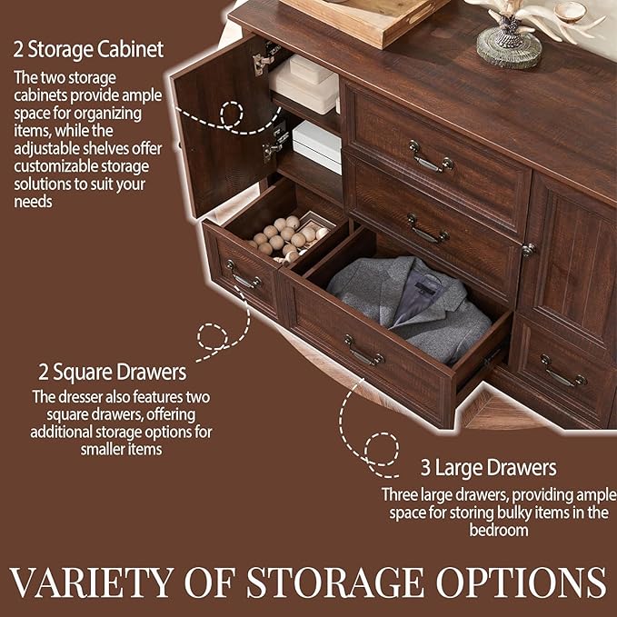 Farmhouse 5 Drawers Dresser for Bedroom, Wood Rustic Storage Organizer Closet Chest, Chest of Drawers w/Groove Barn Door&Shelf for Closet, Hallway, Living Room, Dining Room-Brown