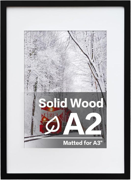 Egofine A2 Solid Wood Picture Frame, Made of Solid Wood Covered by Plexiglass A3 with Mat 16.5 x 23.4 without Mat, Poster Frame for Wall Mounting Hanging Photo Frame Vertically or Horizontally, Black