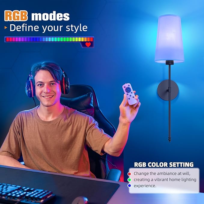 NIORSUN Black Battery Operated Wall Sconce Set of 2,Rechargeable Wall Lights with 5200mAh Dimmable Detachable Bulbs and Remote,9 Colors Wireless Sconces for Bedroom Living Room Hallway