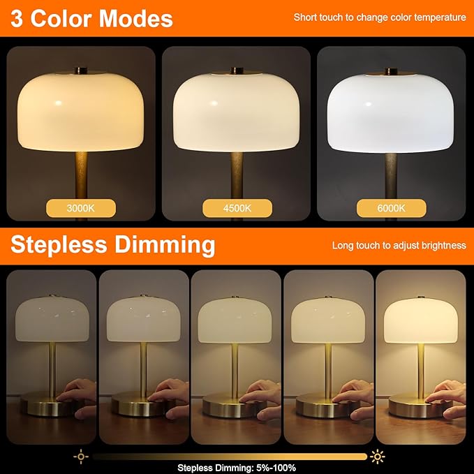 PORTRES Cordless Table Lamp Rechargeable Battery Operated Mushroom lamp Opal Glass Shade 3 Way Dimmable LED Touch Outdoor Lamp for Camping Bedroom Dining Living Room Beside Patio Restaurant,Gold