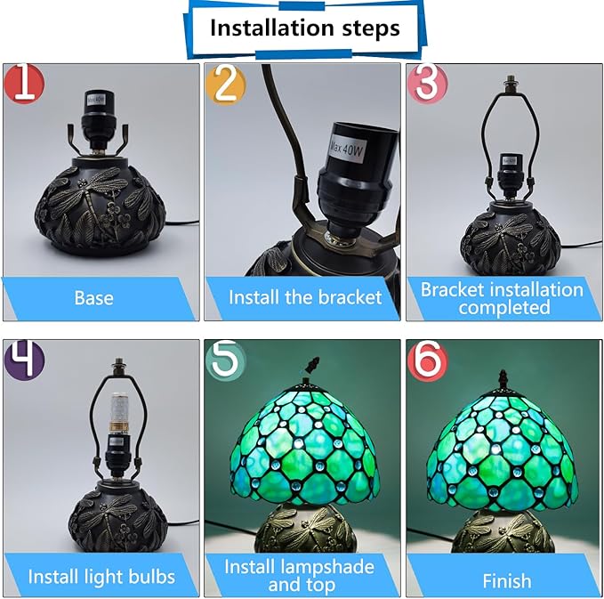 Small Tiffany Stained Glass Lamp, 3 Color Temperatures Bedside Lamp, 8 Inch Blue Pearl Beads Style Mushroom Desk Light for Bedroom Living Room Office Home Decor (Blue)