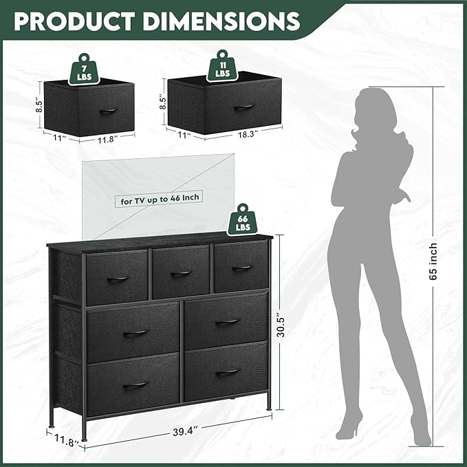 Dresser for Bedroom with 7 Drawers, Chest of Drawers, Storage Drawers Organizer Unit, Black Wide Fabric Dresser with Fabric Bins for Closet, Living Room, Entryway (Charcoal Black)