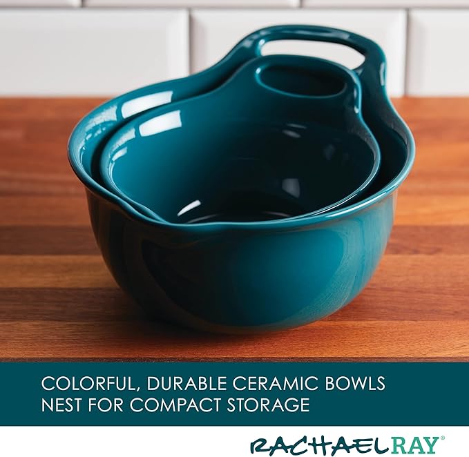 Rachael Ray Ceramics Nesting Mixing Bowl Set with Pour Spout, 1 Quart and 2 Quart, Teal