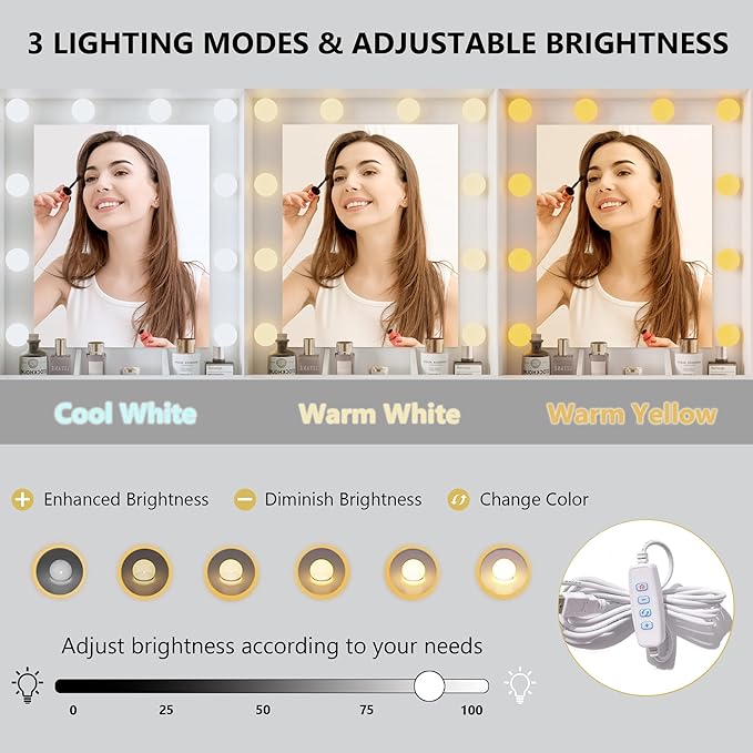 Makeup Vanity Desk with Mirror and Lights, White Vanity Table Set with Storage Drawers, Charging Station, Cabinets & Chair, Large Dressing Table with RGB Ambient Light for Women Girls Bedroom Bathroom