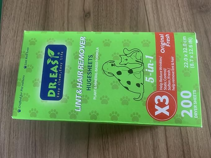 Dr.Easy LINT & HAIR REMOVER Pet HUGESHEETS with 3X Dryer Sheets, Original Fresh, 200 Count,PLANT&MINERAL-BASED FORMULA