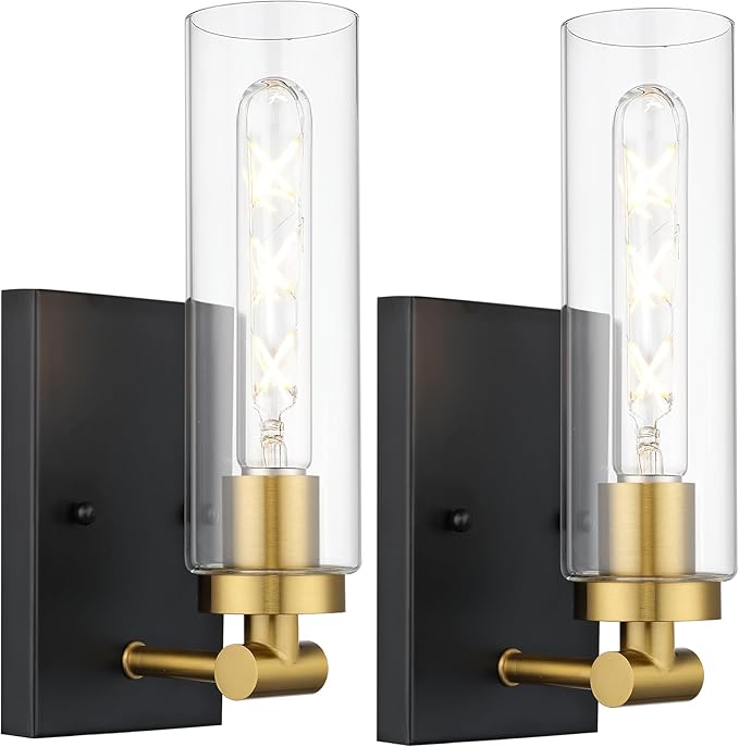 Emak Black and Gold Wall Sconces Set of Two, Modern Wall Sconce with Clear Glass Shade, Farmhouse 2 Light Bathroom Vanity Light for Living Room, Bedroom, Gallery, WS086-BKBGD-CG-2PK
