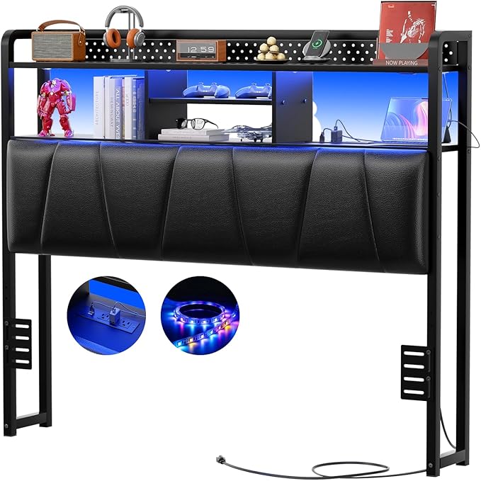 Unikito Headboard for Full Size Bed Frame, Upholstered Head Board with Outlets, USB Ports and LED Light, Comfortable Leather Headboards with Storage Shelf, Sturdy Full Bed Headboard Only, Black