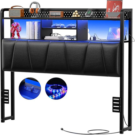 Unikito Headboard for Full Size Bed Frame, Upholstered Head Board with Outlets, USB Ports and LED Light, Comfortable Leather Headboards with Storage Shelf, Sturdy Full Bed Headboard Only, Black