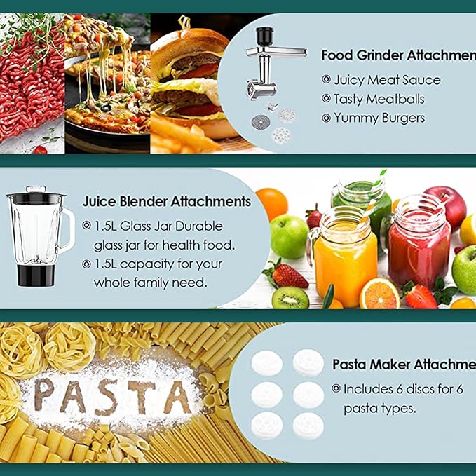 COOKLEE 6-IN-1 Stand Mixer, 8.5 Qt. Multifunctional Electric Kitchen Mixer with Beater, Whisk, Dough Hook, Meat Grinder and Other Accessories for Most Home Cooks, SM-1507BM, Silvery