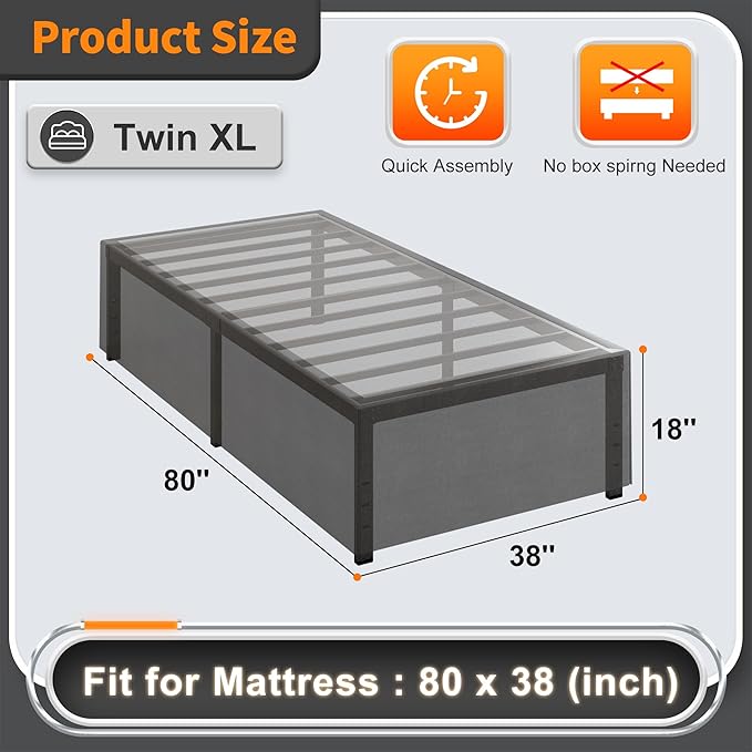 18 Inch Twin XL Bed Frames with Black Bed Cover, Metal Bed Frame Twin XL No Box Spring Needed, Heavy Duty Mattress Foundation, Easy Assembly, Noise Free