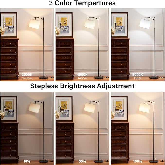 60" Floor Lamps with Remote Control & Bulb, Colors Temperature & Brightness Adjustable, White Shade & Black Pole