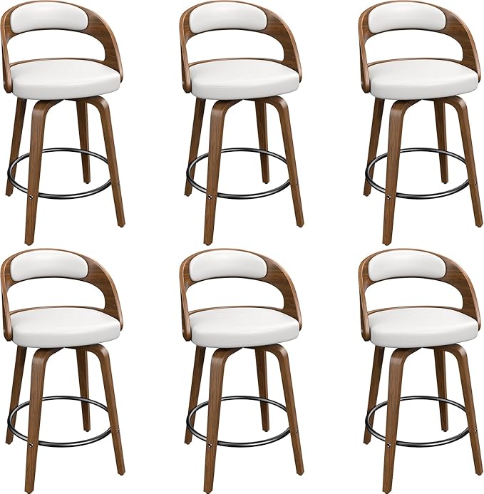 Swivel Bar Stools Set of 6, 26" Counter Height Bentwood Barstool, Mid-Century Modern PU Leather Upholstered Bar Chair with Back and Footrest, for Kitchen Island, Bar, Cafe, Dining Room, White