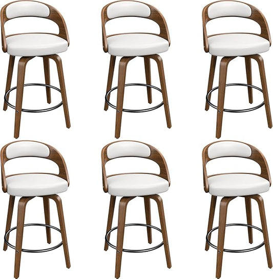 Swivel Bar Stools Set of 6, 26" Counter Height Bentwood Barstool, Mid-Century Modern PU Leather Upholstered Bar Chair with Back and Footrest, for Kitchen Island, Bar, Cafe, Dining Room, White