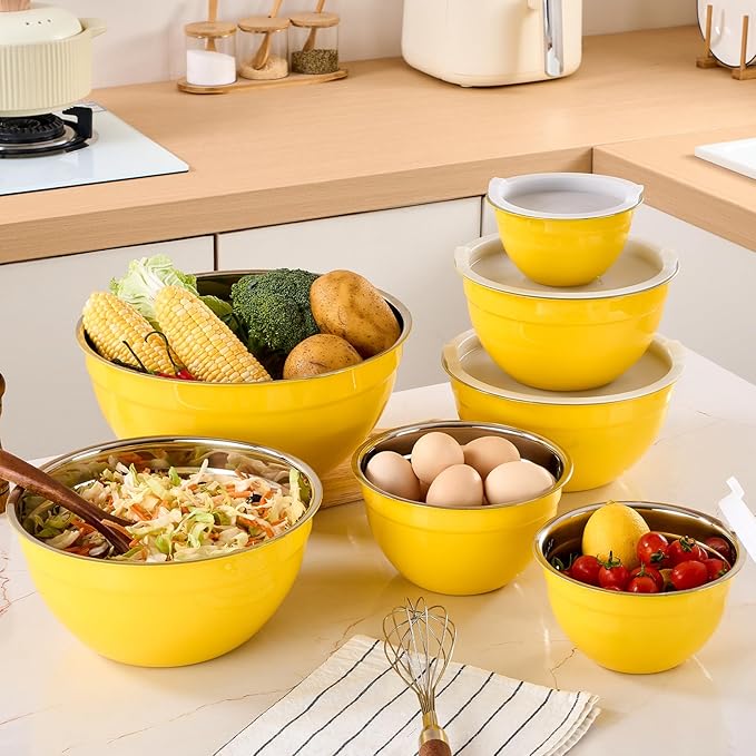 Yellow Mixing Bowls with Airtight Lids, Stainless Steel Nesting Mixing Bowls Set of 7, Ideal for Baking, Prepping and Serving Food, Size 7, 3.6, 2.7, 2.1, 1.5, 1.1,0.8 QT, Stackable Design