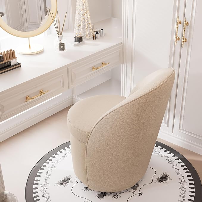 YOUNIKE Vanity Bench Boucle Fabric Coffee Solid Wood Swivel Accent Chair with Backrest Easy Assembly Dressing Stool for Bedroom & Makeup Room