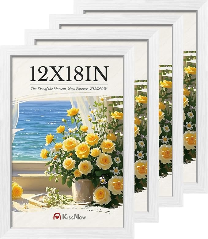 12x18 Poster Frame 4 Pack, Textured White Solid Wood Picture Frame, Wall Hanging