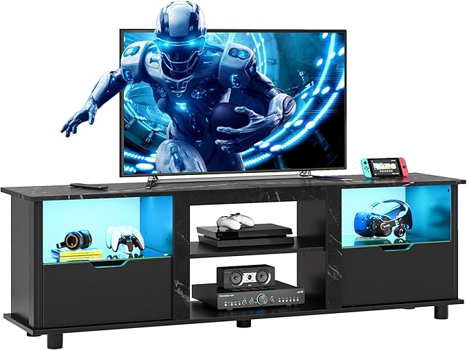 Bestier 70" Gaming Entertainment Center with Drawers, LED TV Stand for 75 Inch TV, TV Entertainment Stand for Living Room with Storage and Glass Shelves (Black Marble)