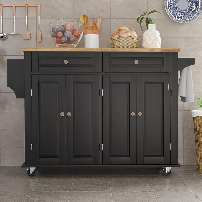 Rolling Kitchen Island with Drop Leaf – Movable Kitchen Carts on Wheels Island with Storage Cabinet, Island Table for Kitchen with Rubber Wood Top and Rack and Drawer, Matte, Black