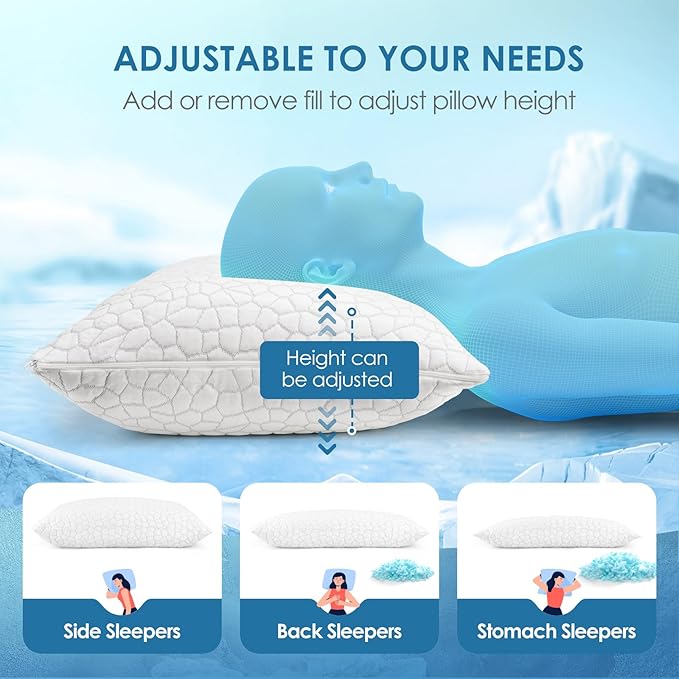 Cooling Pillows Queen Size Set of 2 Shredded Memory Foam Pillows for Side Back Stomach Sleepers, Two-Sided Cool Adjustable Firm or Soft Bed Pillow Luxury Gel Neck Pillow for Neck Shoulder Pain Relie