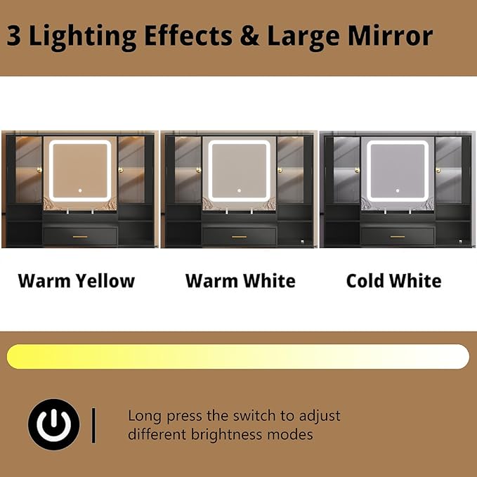 Makeup Vanity with LED Light Strip Mirror and Chair, 7 Drawers & 2 RGB Cabinets Black Vanity Makeup Desk with Power Strip, Adjustable LED Lighting, and Cushioned Stool for Women, Girls, Teens