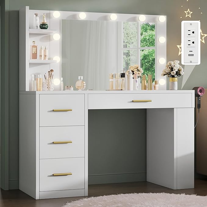 YITAHOME Vanity Desk with Mirror and Lights, Makeup Table with Charging Station, Large Vanity Set with 4 Drawers, Cute Makeup Desk with 6 Storage Shelves, White