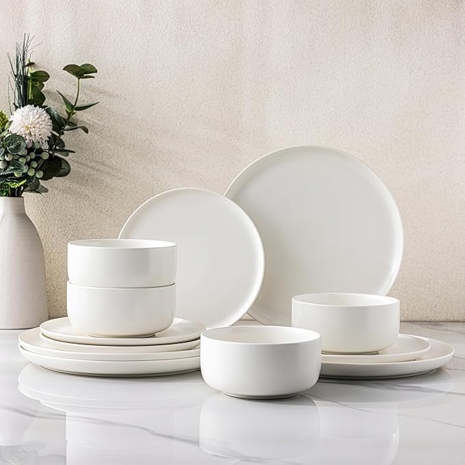 LERATIO Stoneware Dinnerware Sets for 4,Handcarft Ceramic Plates and Bowls Sets,Chip and Scratch Resistant Dishes, Dishwasher & Microwave Safe, Oven safe,Reactive Glaze-White
