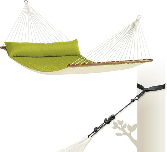 LA SIESTA® Alabama Quilted Hammock with Spreader Bar & TreeMount, Fabric Tree Hammock with Tree Straps for Beams Posts - Weatherproof Outdoor Hammock - 2 Person Double Hammock Bed - XL King, Avocado