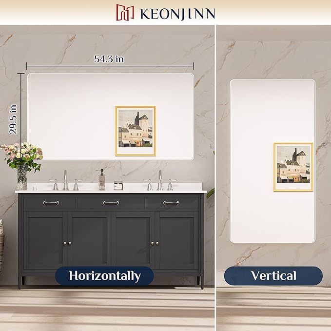 Keonjinn 55 x 30 Brushed Nickel Bathroom Vanity Mirror, Large Rounded Rectangle Bathroom Mirrors for over Sink, Metal Framed Silver Mirror for Wall, Shatterproof HD Tempered Glass(Horizontal/Vertical)