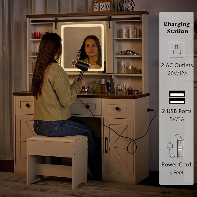 AMERLIFE 47.2" W Farmhouse Makeup Vanity Desk with Sliding Mirror, Vanity Set with Stool & Charging Station & 3 Brightness Lights, Glass Desktop, Ample Storage, Antique White