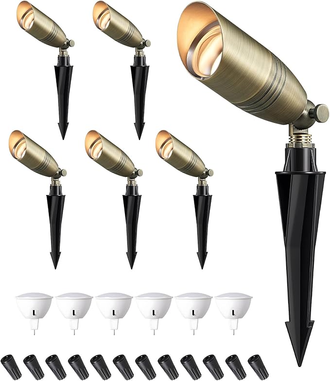 EDISHINE Solid Brass Landscape Spotlights Outdoor, 3CCT MR16 Bulb Included,Bronze Heavy Duty landscape lighting, 12V Low Voltage LED Landscape Lights, Outdoor Lighting for House Yard Lawn Tree, 6 Pack