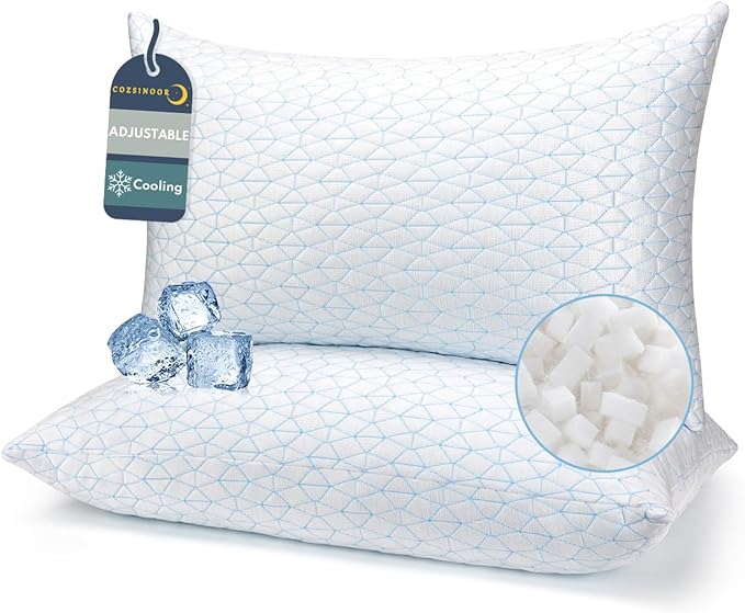 COZSINOOR Cooling Pillows Queen Size Set of 2 for Sleeping - Adjustable Shredded Memory Foam Pillows 2 Pack, Cool Pillow for Back, Side and Stomach Sleepers, Bed Pillow Removable Cover Washable