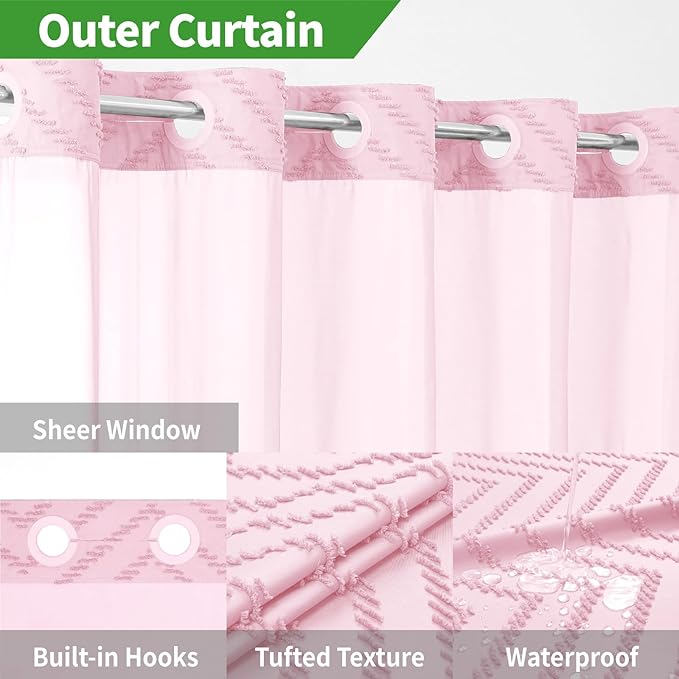 Stall No Hook Boho Farmhouse Shower Curtain with Snap-in Fabric Liner set-54Wx80H(78H),Pink Tufted Chevron Striped Hotel Grade Cloth Shower Curtains for Bathroom,Water Repellent