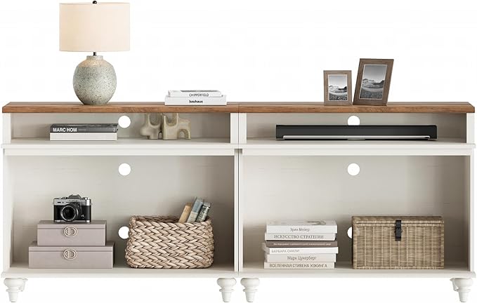 WAMPAT Farmhouse TV Stand for 75 inch TV, Wood Universal TV Stand with Storage Shelfves, Highboy Entertainment Center TV Console Table, White