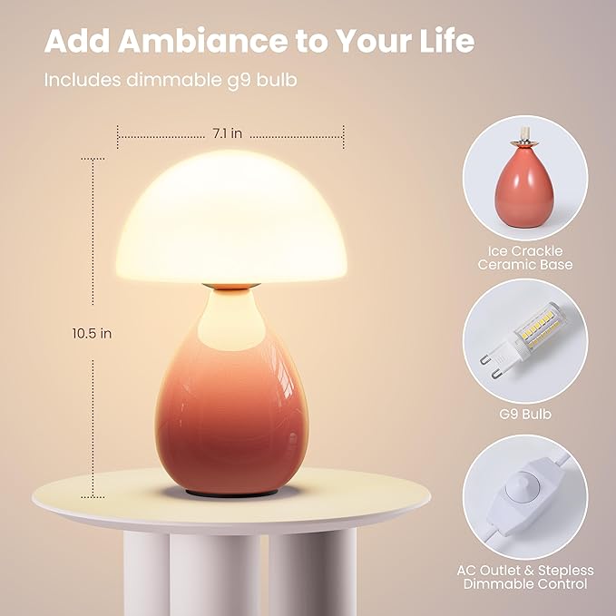 Mushroom Lamp Table Light, Mini Modern Lamp Bedside Small Table Nightstand LED, Small Light Dimmable for Bedroom, Living Room, Ceramic Base Glass Led Home Decor for Woman Children Gift