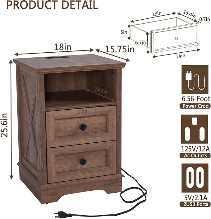 Farmhouse 2 Drawers Dresser for Bedroom, Rustic Small Chest of Drawers with Charging Station, Wood End Table with Open Shelf, Modern Nightstand for Bedroom, Living Room, Entryway, Natural Oak