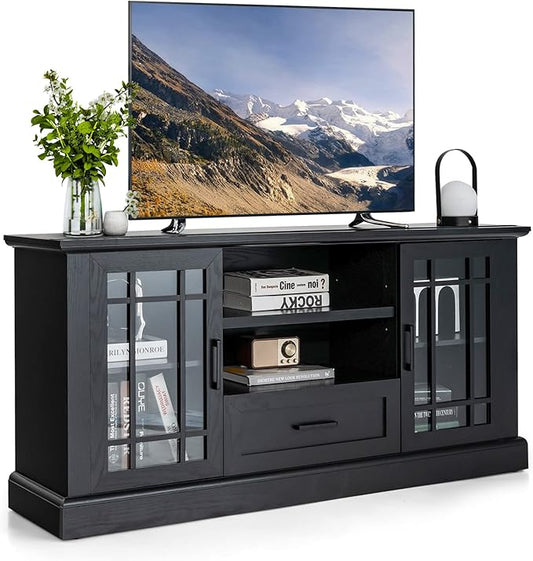 Tangkula Farmhouse TV Stand for TV up to 70 Inch, Tall Media Console Table w/2 Glass Doors, Entertainment Center w/Cubbies & Drawer, Storage Cabinet or Sideboard Buffet for Living Room (Black)