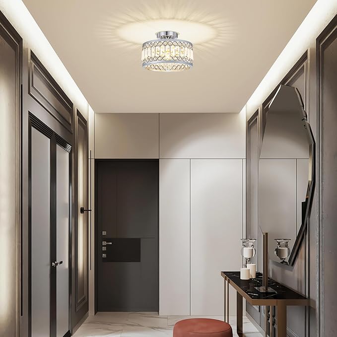 Crystal Chrome Ceiling Light, Modern Semi Flush Mount Ceiling Lighting Fixture, Round Hallway Lighting Fixtures for Entryway Kitchen Bedroom Laundry Room, 1-Light, 11.4 Inch