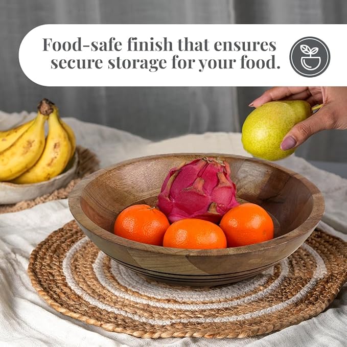 Folkulture Wooden Fruit Bowl for Kitchen Counter | 11" Large Premium Eco Friendly Banana Fruit Basket for Kitchen | Mango Wood Bowl for Table Decor, Centerpiece for Dining Table