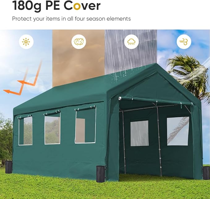 ADVANCE OUTDOOR 12x20 ft Car Canopy Garage Heavy Duty Carport Boat Shelter Party Tent, Adjustable Peak Height from 9.5ft to 11ft, with Removable Window Sidewalls and Doors, Green