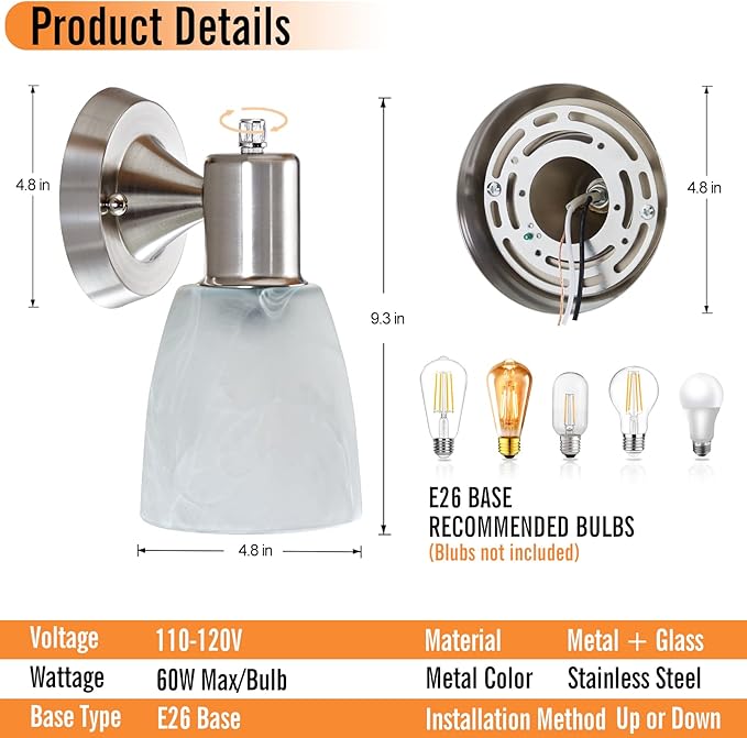 Wall Sconces Set of 2, Brushed Nickel Vanity Lights for Bathroom, Modern Wall Light Fixtures with Rotary Switch, Wall Mount Light with Frosted Glass, Farmhouse Wall Lamp for Bedroom Living Room