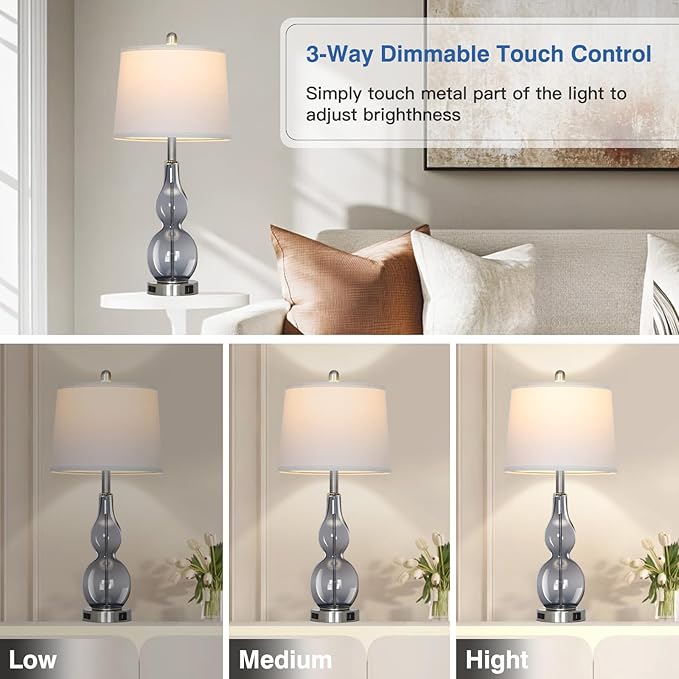 27.5" Gray Clear Glass Table Lamp Set of 2,3-Way Dimmable Touch Control Bedside Lamps with USB Ports and AC Outlet, Modern Nightstand Lamps for Bedroom Living Room