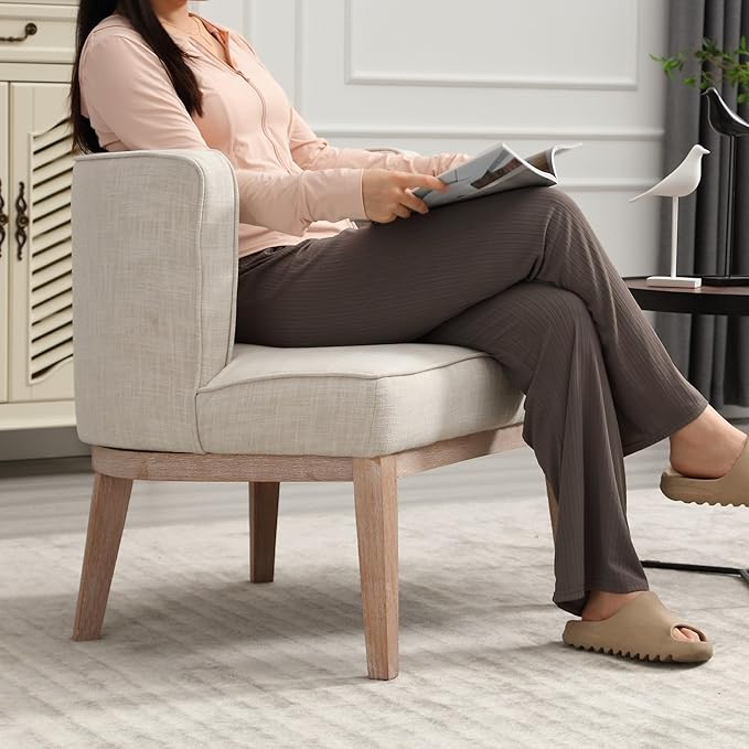 Arm Accent Chair Barrel Accent Chair with Wood Legs, Comfy Barrel Side Chair Linen Upholstered Reading Chairs with Back for Living Room Bedroom, Living Room Chair, Beige