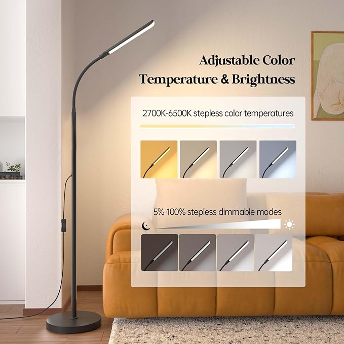 LED Floor Lamp, 18W Super Bright Floor Lamp for Living Room, Adjustable Stepless Colors & Brightness Gooseneck Standing Lamp, Eye Caring Reading Light with Remote& Touch Control for Bedroom Office