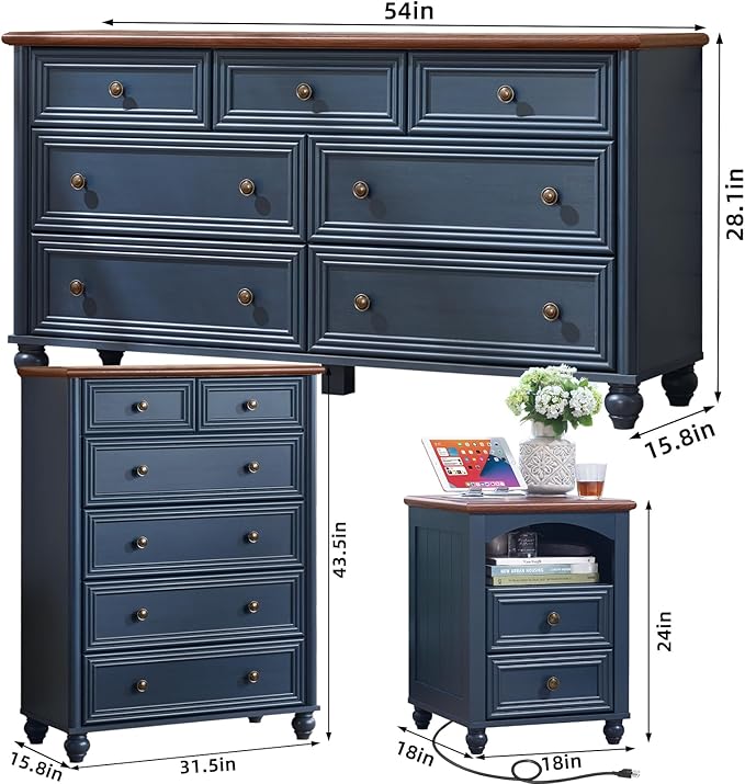 Farmhouse Dressers & Night Stand Set of 3, Wood 54" Wide Dresser & 43.5"Tall Chest of Drawers, 18" with Charging Station Nightstand, Bedroom Furniture 7 Drawer Dresser Set for Home Living Room Hallway