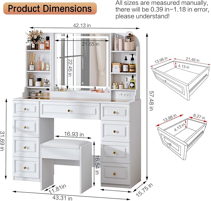 42" Makeup Vanity Desk with Mirror and Lights, & Power Outl, Glass Top Big Vanity Table with 9 Drawers& 8 Storage Shelves, Dressing Table Set with Chair for Bedroom, White