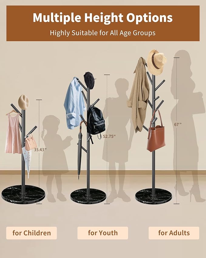 Metal Coat Rack with Natural Marble Base,Modern Coat Rack Stand with 8 Hooks,Sturdy Freestanging Coat Racks for Entryway,Office,Black Coat Jacket Hanger Tree Stand Coats, Scarves