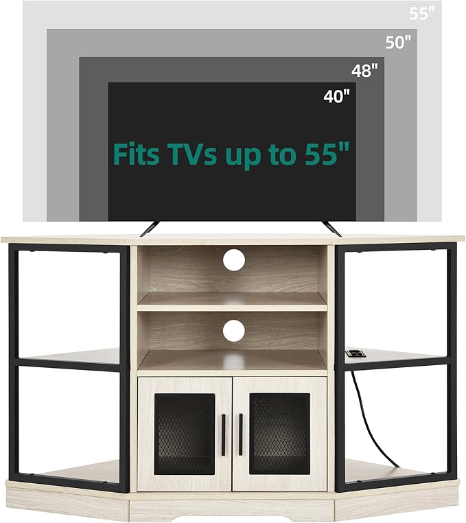 YITAHOME Corner TV Stand for TVs up to 55/50 Inch with Power Outlet, Modern Farmhouse Entertainment Center, Wood TV Media Console with Storage Cabinets Shelves for Living Room, White Oak