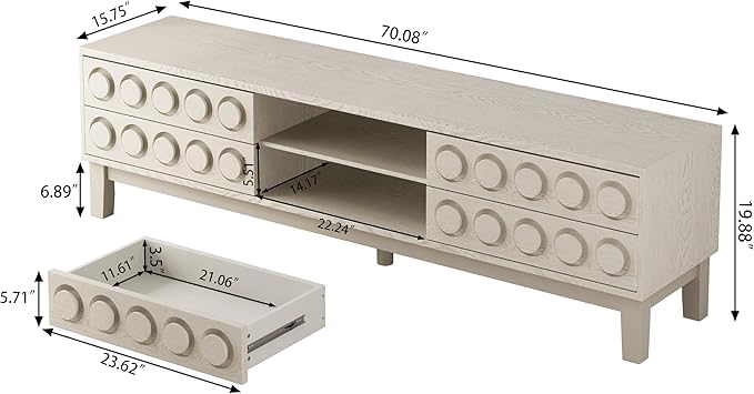 70" Modern TV Stand, Entertainment Center for Tvs up to 75", Unique Circular Design, TV Media Console with 4 Drawer & Open Storage for Living Room (White)