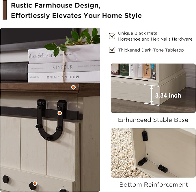 OKD Farmhouse 75" TV Stand for 80 85 Inch TV, Rustic Media Console Table with Sliding Barn Door, Large Highboy Entertainment Center with Storage Cabinet for Living Room, Bedroom, Antique White